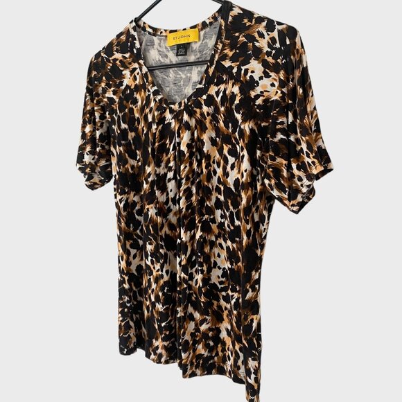 ST. JOHN Animal Print Short Sleeve Blouse Brown Black Women's Size Small Cheetah - Picture 2 of 11